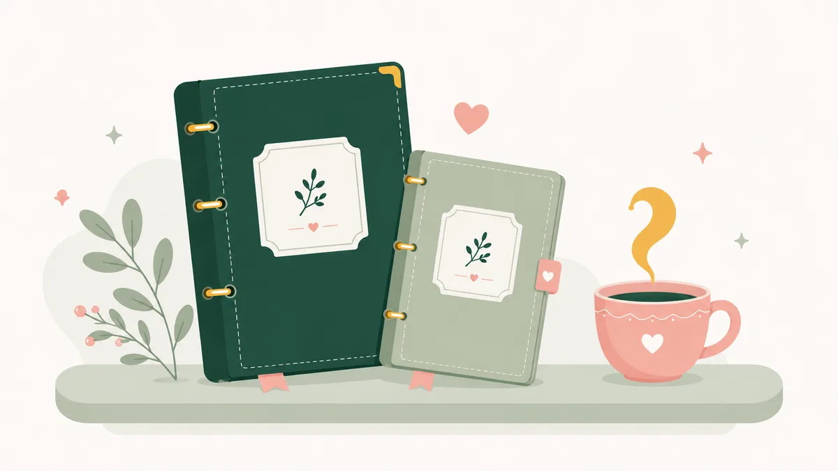 Warm illustration of two generations of binders side by side with a blush heart and a houseplant