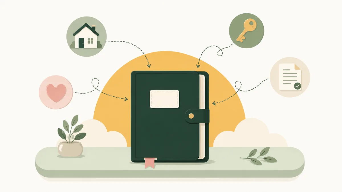 Illustration of a closed green death binder with icons of a house, key, heart and document flowing into it over a warm sunrise