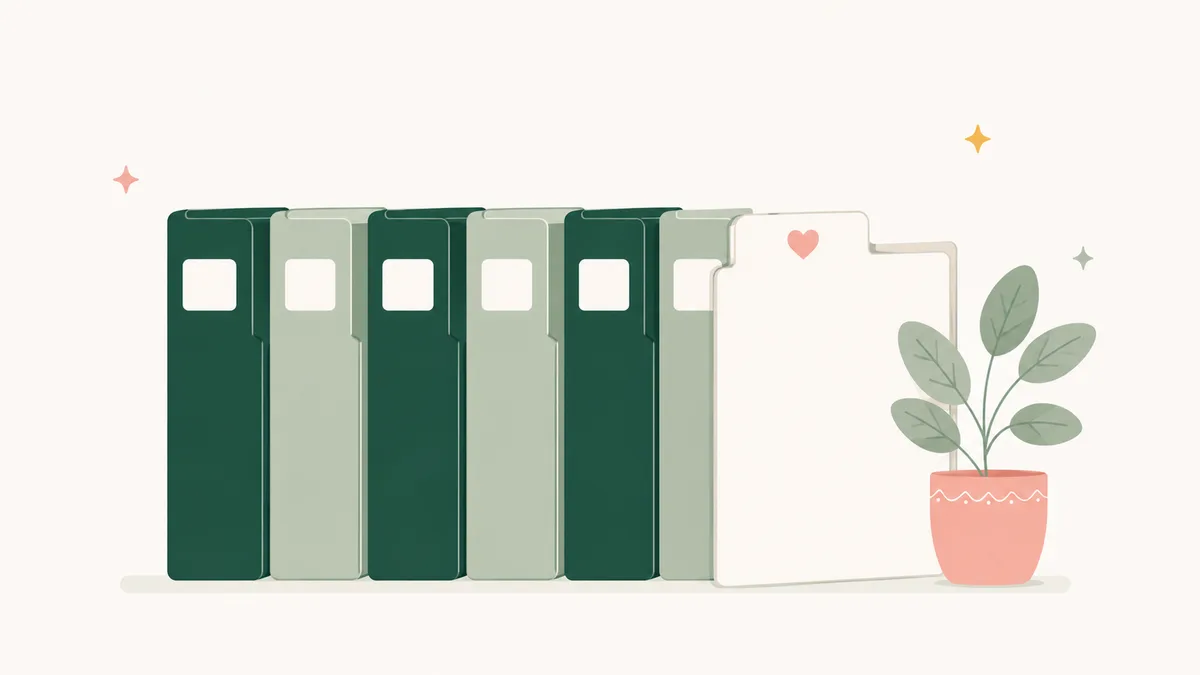 Gentle illustration of organized document folders with a small heart, in warm cream and evergreen tones