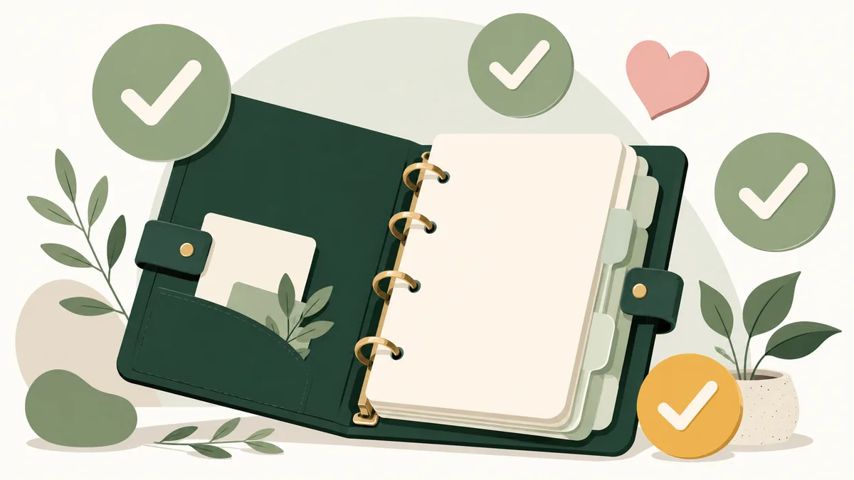 Illustration of an open evergreen family emergency binder with tabbed sections, surrounded by checkmarks and a small heart