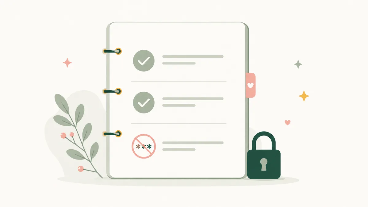 Illustration of a binder page with a padlock and a crossed-out password field, in calm sage and evergreen tones