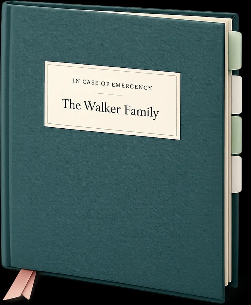 A deep green family emergency binder labeled “In case of emergency — The Walker Family”, with tabbed sections and a blush ribbon bookmark