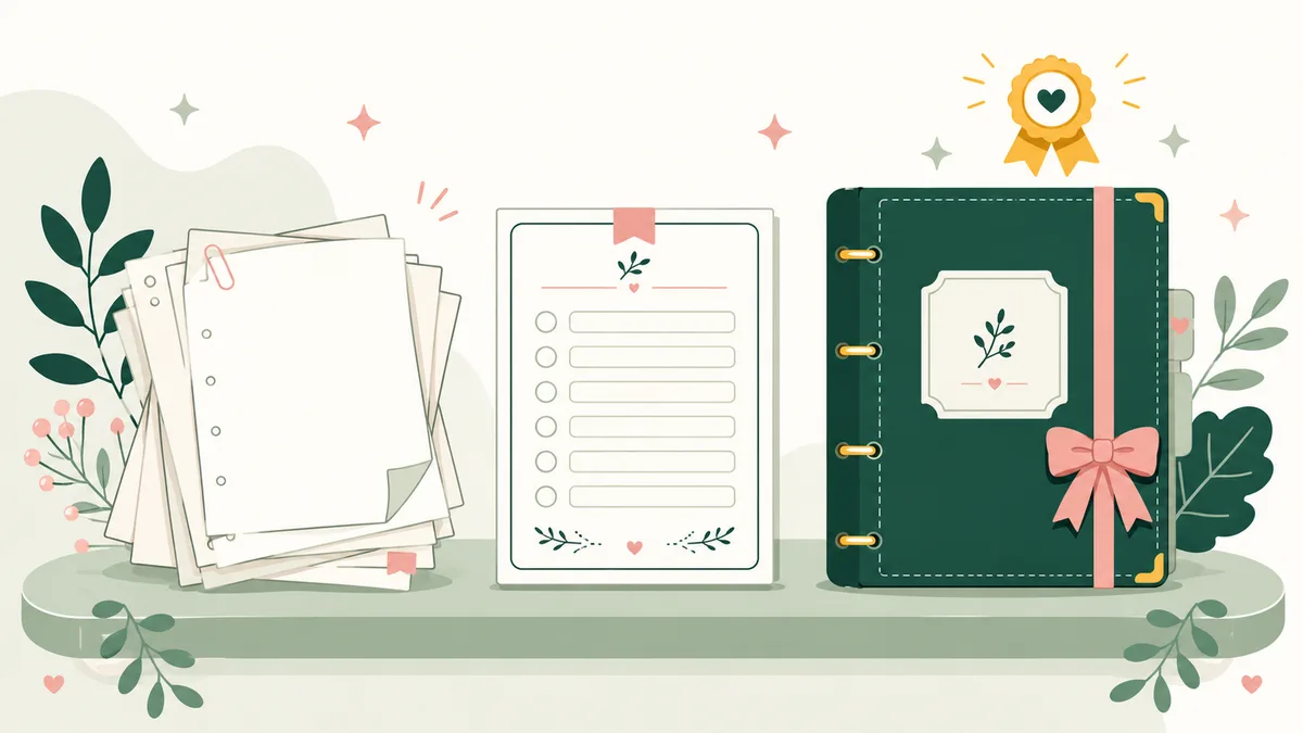 Illustration of three emergency binder options lined up on a shelf — a paper stack, a printable sheet and a finished evergreen binder