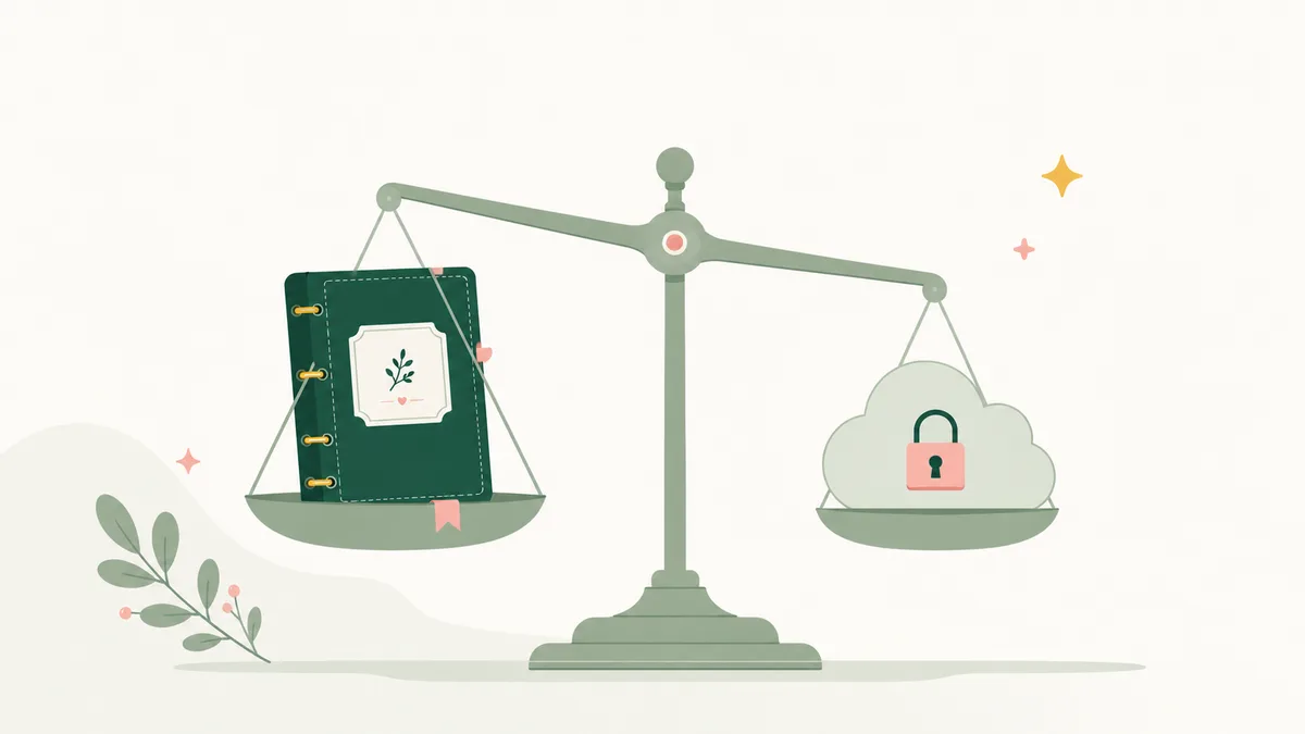 Illustration of an evergreen binder on one side of a balance scale and a cloud icon on the other