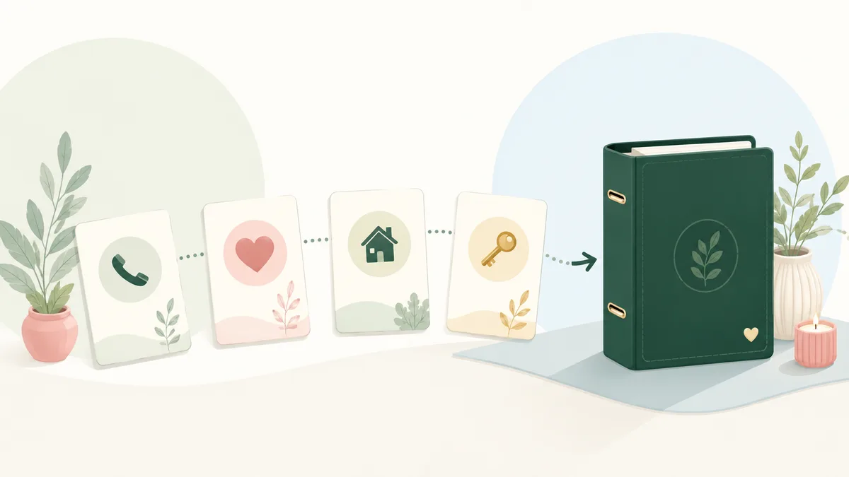 Warm illustration of document cards with phone, heart, house and key icons assembling into a finished evergreen death binder
